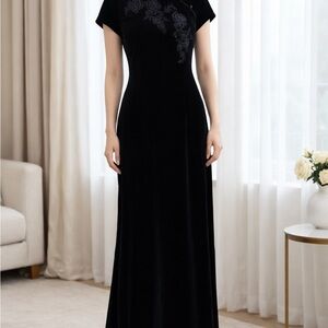 Vintage 90s Black Velvet Cheongsam Asian Maxi Dress Size 12 Gothic Lolita Formal